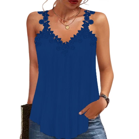 Women's Summer V Neck Lace Embroidered Tank Tops Loose Flowy Cami Casual Vacation Textured Shirts