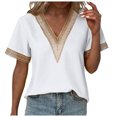 thumbnail image 1 of Women's Summer V Neck Lace T-Shirt Casual Loose Fit Soft Comfortable Fashion Top Breathable Lightweight Stylish Tee, 1 of 2
