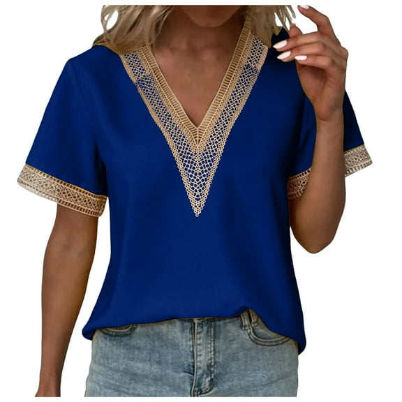 Women's Summer V Neck Lace T-Shirt Fashion Casual Loose Fit Comfortable Soft Breathable Top Blouse Tee Shirt