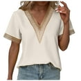 thumbnail image 1 of Women's Summer V Neck Lace T-Shirt Fashion Casual Loose Fit Comfortable Soft Breathable Top Blouse Tee Shirt, 1 of 2