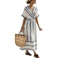 thumbnail image 1 of Women's Summer V-Neck Midi Dress Striped Short Sleeve Casual Sundress with Pockets White XXXL, 1 of 7