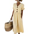 thumbnail image 1 of Women's Summer V Neck Midi Dress with Pockets, Casual Ruffle Short Sleeve Cotton Linen Texture Dress, Large Button Decor Sundress, 1 of 4