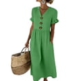 thumbnail image 1 of Women's Summer V Neck Midi Dress with Pockets, Casual Ruffle Short Sleeve Cotton Linen Texture Dress, Large Button Decor Sundress, 1 of 4