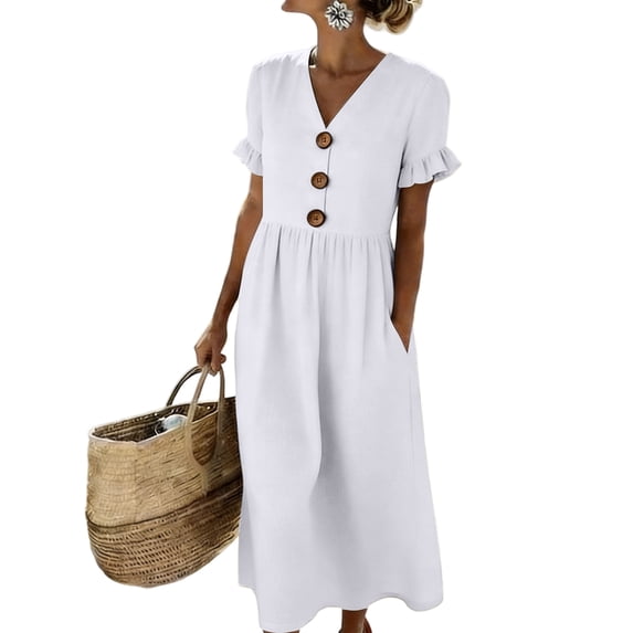 Women's Summer V Neck Midi Dress with Pockets, Casual Ruffle Short Sleeve Cotton Linen Texture Dress, Large Button Decor Sundress