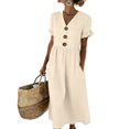 thumbnail image 1 of Women's Summer V Neck Midi Dress with Pockets, Casual Ruffle Short Sleeve Cotton Linen Texture Dress, Large Button Decor Sundress, 1 of 4
