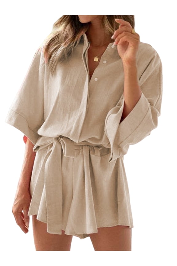Women's Summer V-Neck Romper with Button Detail and Waist Tie, Available in Multiple Colors Camel Color S