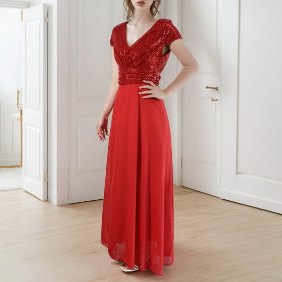 Women's Summer V Neck Sequined Chiffon Panel Evening Gown Long Dress Elegant Evening Dress Fashion Party Bridesmaid Dresses Long Sleeve Dress T Shirt Fashion Summer plus Size Dresses for Women Casual