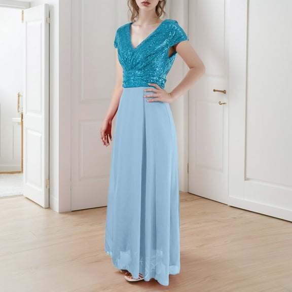 Women's Summer V Neck Sequined Chiffon Panel Evening Gown Long Dress Elegant Evening Dress Fashion Party Bridesmaid Dresses Long Sleeve Dress T Shirt Fashion Summer plus Size Dresses for Women Casual