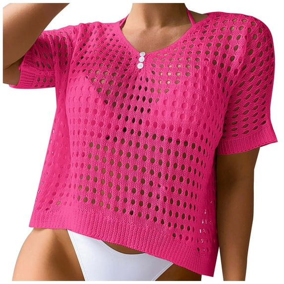 Women's Summer V Neck Short Sleeve Crochet Knit Top Casual Beach Coverup Hollow Out Button Down Sweater T-Shirt