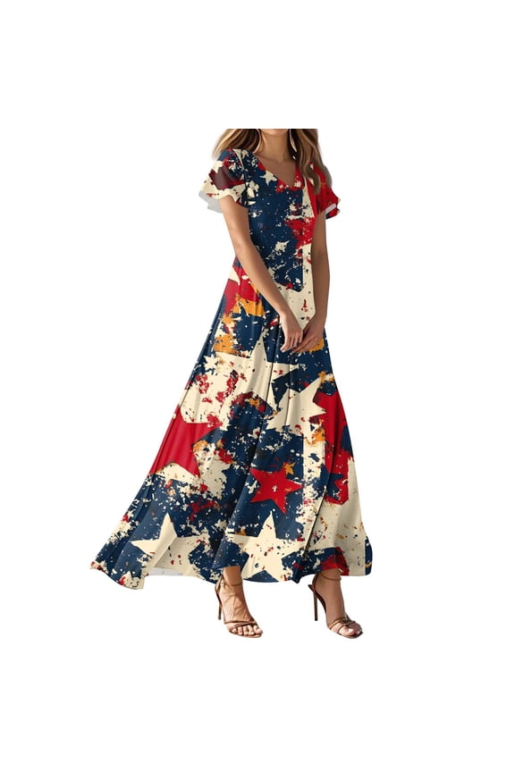 Women's Summer V-Neck Short Sleeve Maxi Dress, Independence Day American Flag Print Dress,4th of July Dress for Women Patriotic Dress ,Navy XL