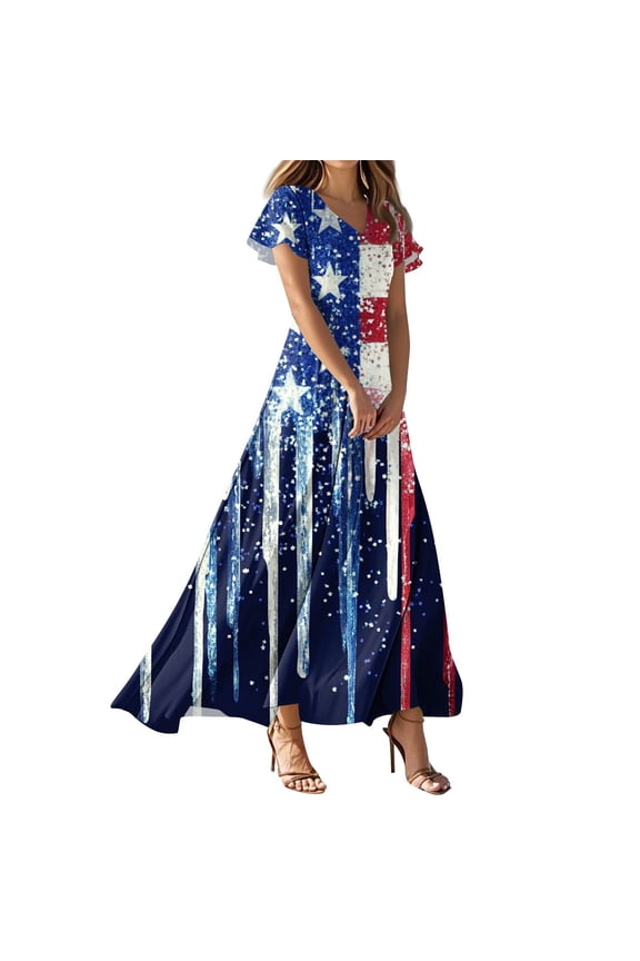 Women's Summer V-Neck Short Sleeve Maxi Dress, Independence Day American Flag Print Dress,4th of July Dress for Women Patriotic Dress ,Sky Blue XS