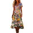 thumbnail image 1 of Women's Summer V Neck Short Sleeve Vintage Floral Print Dress Loose Fit Flowy A Line Beach Dress for Beach Vacations and Casual Daily Wear, 1 of 5