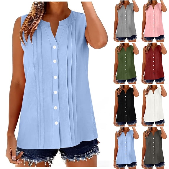 Women's Summer V Neck Sleeveless Button Down Top Shirts Blouses Solid Color Casual Work Office Vacation Outfits Fashion Essential Gift for Women | Sopatenor,Gray XL