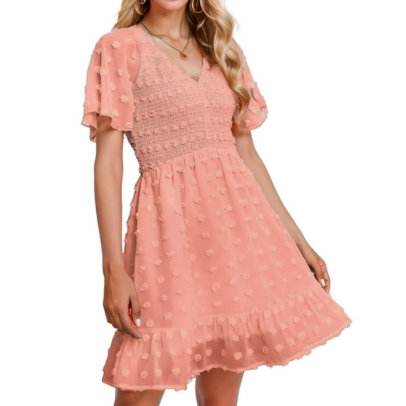Women's Summer V Neck Smocked Short Sleeve Casual Dress Dot Ruffle Hem Mini Beach Dresses