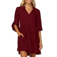 thumbnail image 1 of Women's Summer V-Neck Solid Color Mid-Sleeve Pocket Loose Dress, 1 of 2