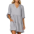 thumbnail image 1 of Women's Summer V-Neck Solid Color Mid-Sleeve Pocket Loose Dress, 1 of 2