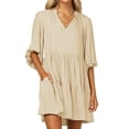 thumbnail image 1 of Women's Summer V-Neck Solid Color Mid-Sleeve Pocket Loose Dress, 1 of 2