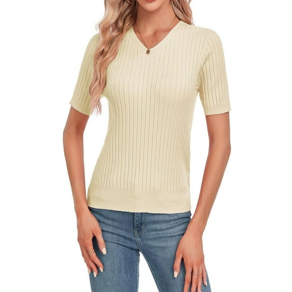 Women's Summer V Neck Tops Short Sleeve Pullover Lightweight Knit Blouse Shirt Tees