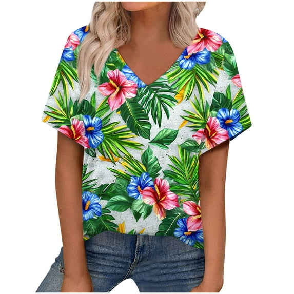 Women's Summer V Neck Tops Tie-dye/Floral Printed Short Sleeve Summer Graphic Tee Shirts Loose Fit Plus Size Casual Tshirts (M, Green)