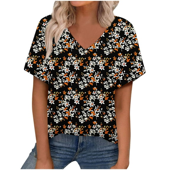 Women's Summer V Neck Tops Tie-dye/Floral Printed Short Sleeve Summer Graphic Tee Shirts Loose Fit Plus Size Casual Tshirts (S, Black)