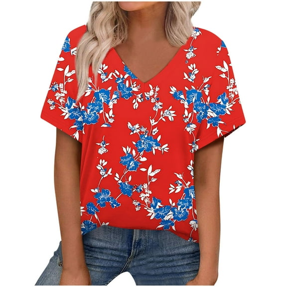 Women's Summer V Neck Tops Tie-dye/Floral Printed Short Sleeve Summer Graphic Tee Shirts Loose Fit Plus Size Casual Tshirts (S, Red)