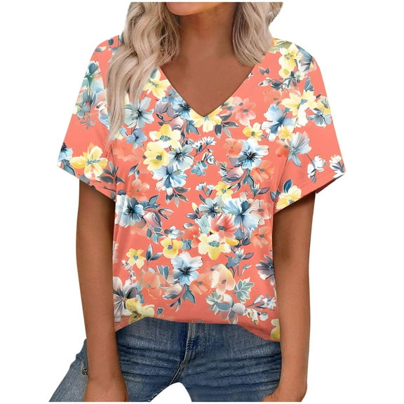 Women's Summer V Neck Tops Tie-dye/Floral Printed Short Sleeve Summer Graphic Tee Shirts Loose Fit Plus Size Casual Tshirts (XL, Orange)