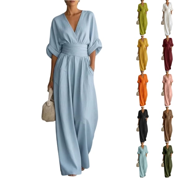 Women's Summer V-Neck Wide-Leg Jumpsuits, Batwing Sleeve Ruched Waist Maxi Jumpsuits, 3XL