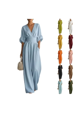 Women's Summer V-Neck Wide-Leg Jumpsuits, Batwing Sleeve Ruched Waist Maxi Jumpsuits, M