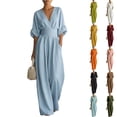 thumbnail image 1 of Women's Summer V-Neck Wide-Leg Jumpsuits, Batwing Sleeve Ruched Waist Maxi Jumpsuits, XL, 1 of 7