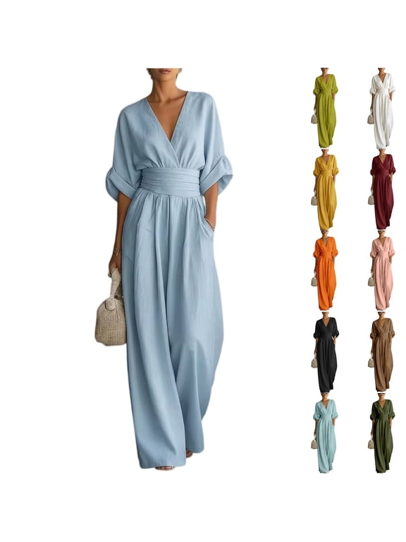 Women's Summer V-Neck Wide-Leg Jumpsuits, Batwing Sleeve Ruched Waist Maxi Jumpsuits, XL
