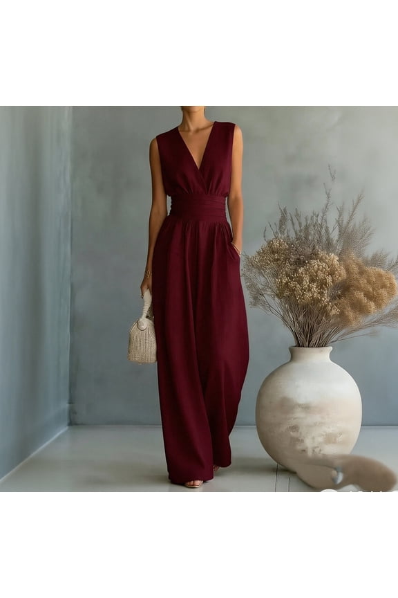 Women's Summer V-Neck Wide-Leg Jumpsuits, Sleeveless Ruched Waist Maxi Jumpsuits, S