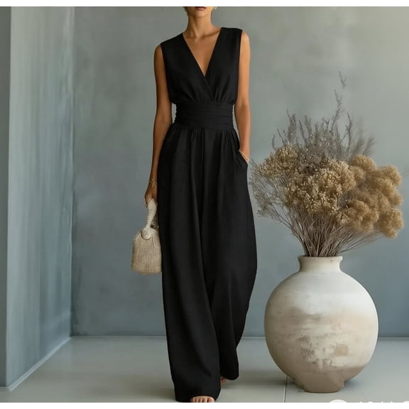 Women's Summer V-Neck Wide-Leg Jumpsuits, Sleeveless Ruched Waist Maxi Jumpsuits XL