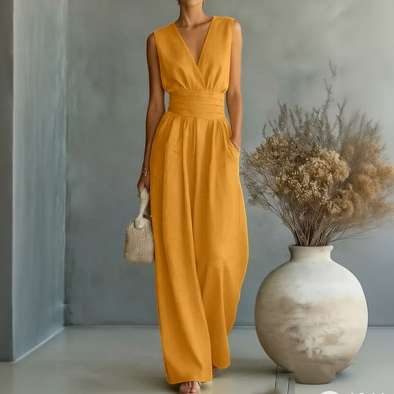 Women's Summer V-Neck Wide-Leg Jumpsuits, Sleeveless Ruched Waist Maxi Jumpsuits, XL