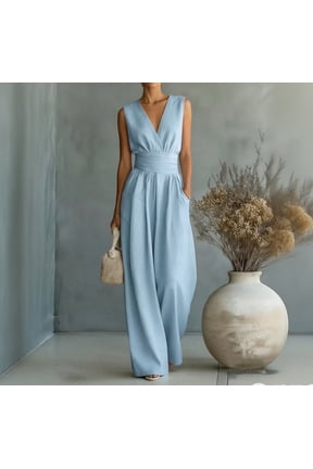 Women's Summer V-Neck Wide-Leg Jumpsuits, Sleeveless Ruched Waist Maxi Jumpsuits XL