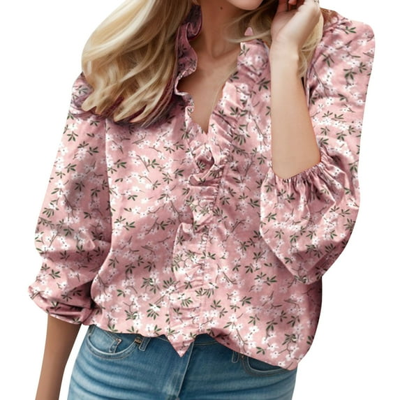 Women's Summer V Neck Women's Shirts Summer Casual Short Print Sleeve Full Sleeve Tops for Women T Shirt Top Solid Quarter Length Sleeve Shirts Women Dressy Ruffle Women's Blouse