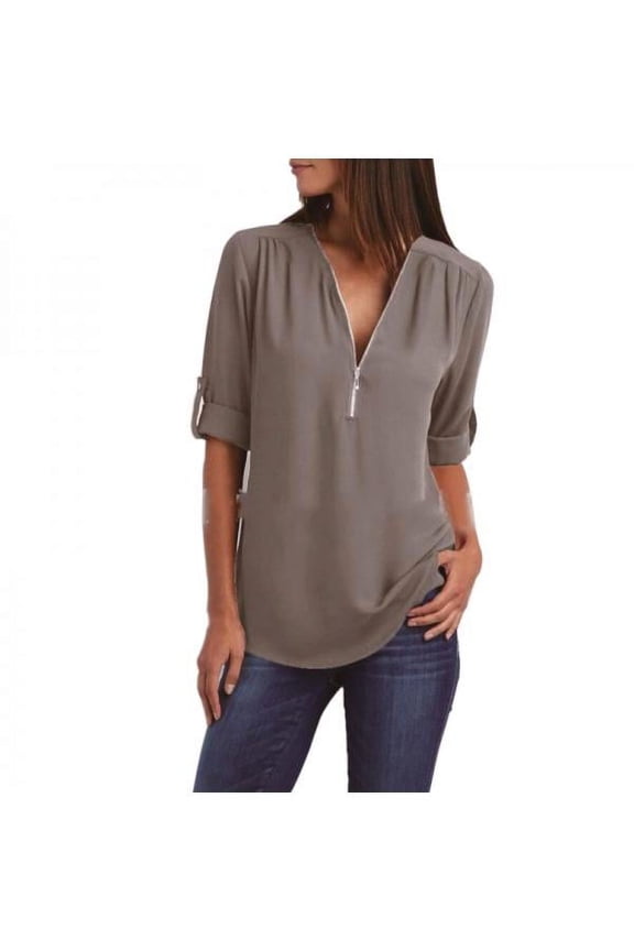 Women's Summer V-neck Long Sleeve Shirt Loose Zipper Plus Size Retractable Sleeves S-5XL Chiffon Top