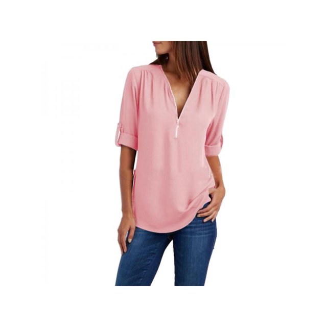 Womens Summer V Neck Long Sleeve Shirt Loose Zipper Plus Size