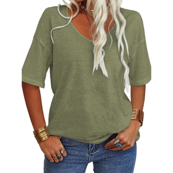 Women's Summer V-neck Solid Color Half Sleeve Match Simple Casual T-shirt Tops