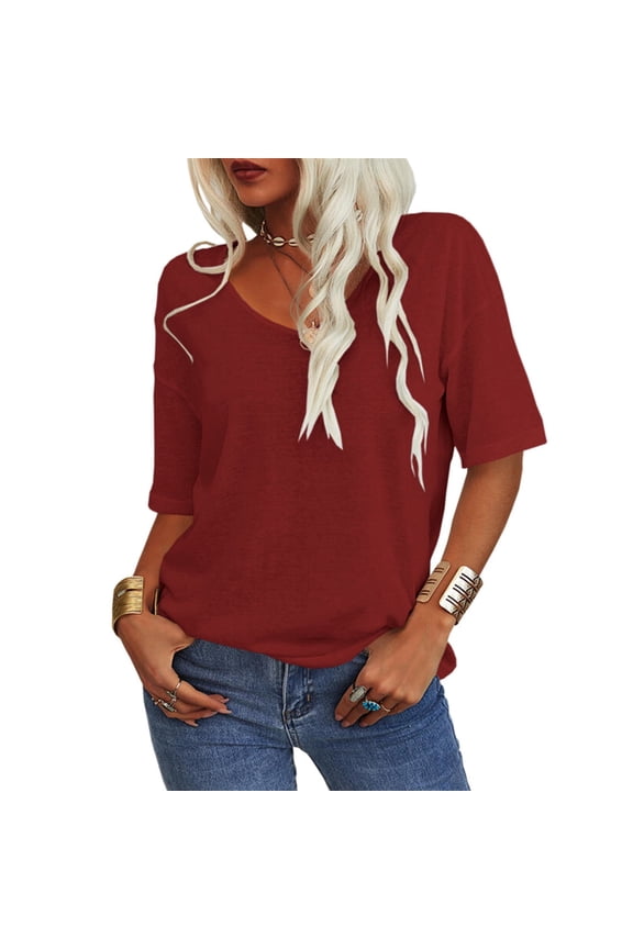 Women's Summer V-neck Solid Color Half Sleeve Match Simple Casual T-shirt Tops