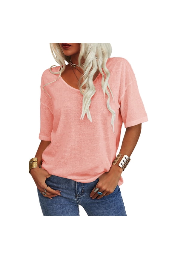 Women's Summer V-neck Solid Color Half Sleeve Match Simple Casual T-shirt Tops