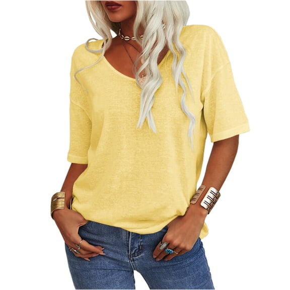 Women's Summer V-neck Solid Color Half Sleeve Match Simple Casual T-shirt Tops