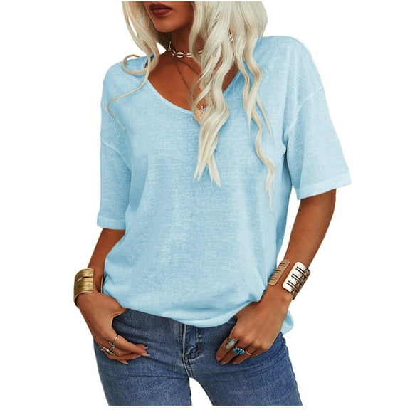 Women's Summer V-neck Solid Color Half Sleeve Match Simple Casual T-shirt Tops