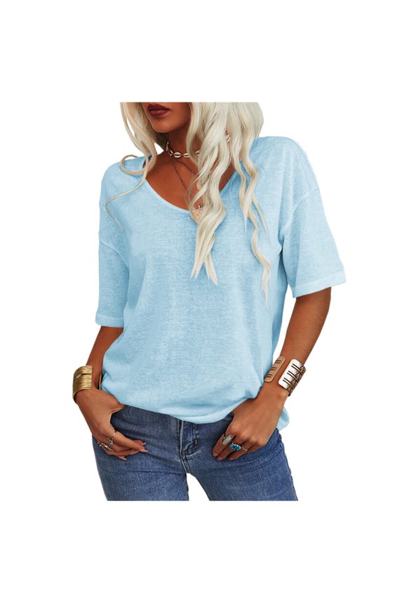 Women's Summer V-neck Solid Color Half Sleeve Match Simple Casual T-shirt Tops