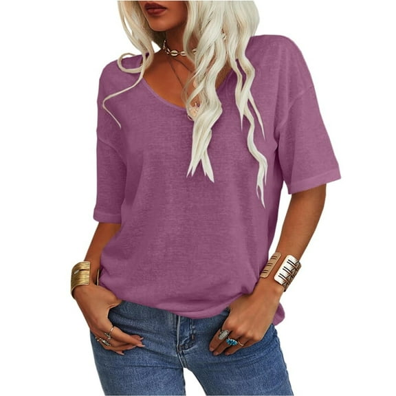 Women's Summer V-neck Solid Color Half Sleeve Match Simple Casual T-shirt Tops