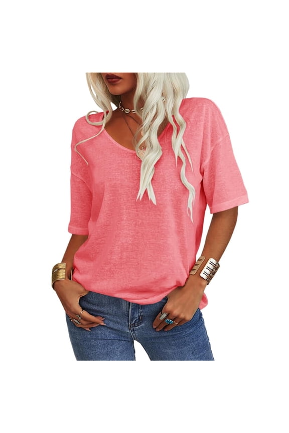 Women's Summer V-neck Solid Color Half Sleeve Match Simple Casual T-shirt Tops