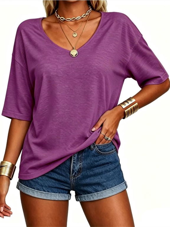 Women's Summer V-neck Solid Color Half Sleeve Match Simple Casual T-shirt Tops