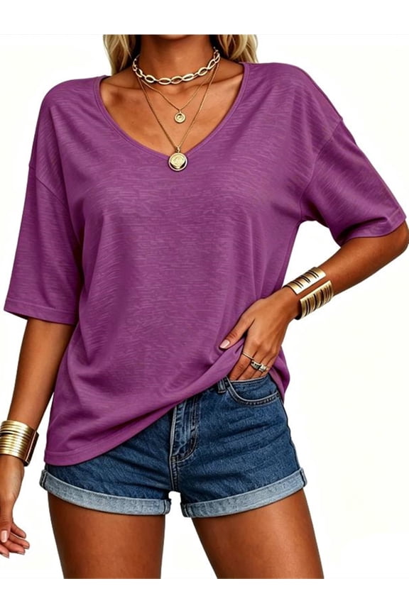 Women's Summer V-neck Solid Color Half Sleeve Match Simple Casual T-shirt Tops