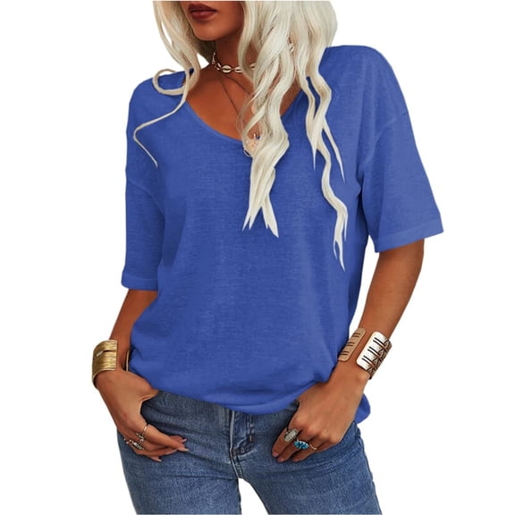 Women's Summer V-neck Solid Color Half Sleeve Match Simple Casual T-shirt Tops