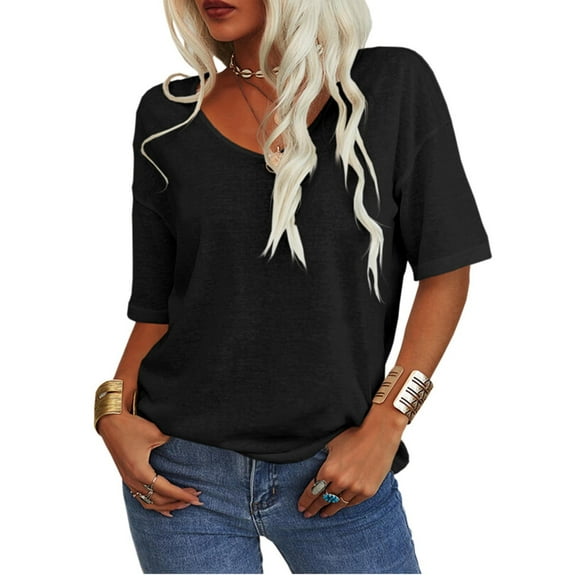 Women's Summer V-neck Solid Color Half Sleeve Match Simple Casual T-shirt Tops