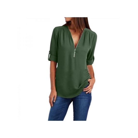 Women's Summer V-neck Zipper Plus Size Long-Sleeved Retractable Sleeves Loose Chiffon Shirt Top